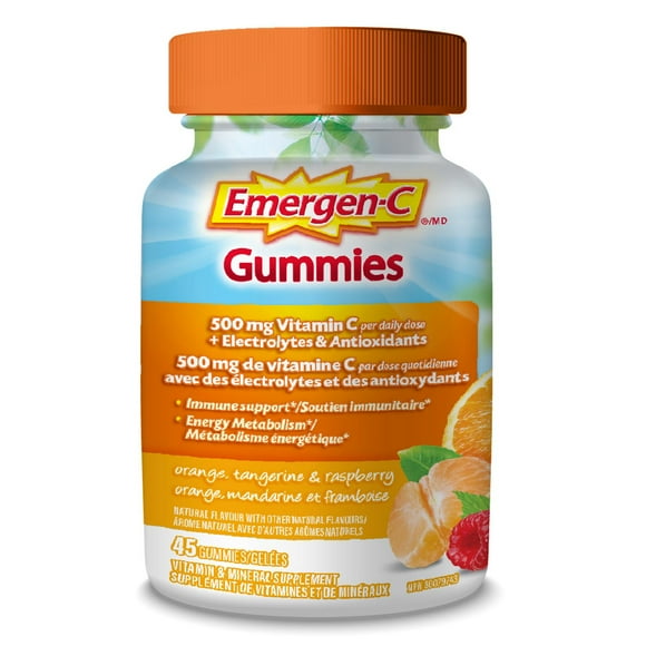 Emergen-C Immune Support Gummies, A Boost of Vitamins and Minerals, Orange, Tangerine & Raspberry Mix, 45 Gummies