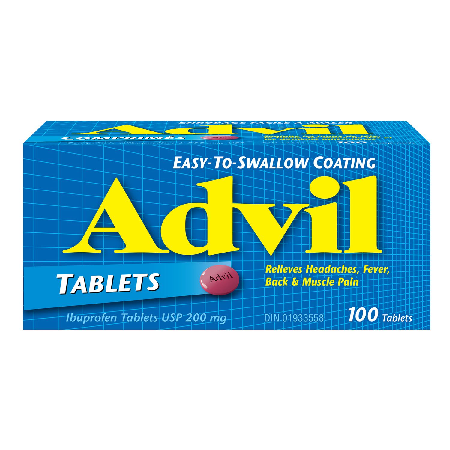 Comprimés Advil Régulier, pour soulager les maux de tête et la douleur, 200 mg d’ibuprofène, flacon de 100