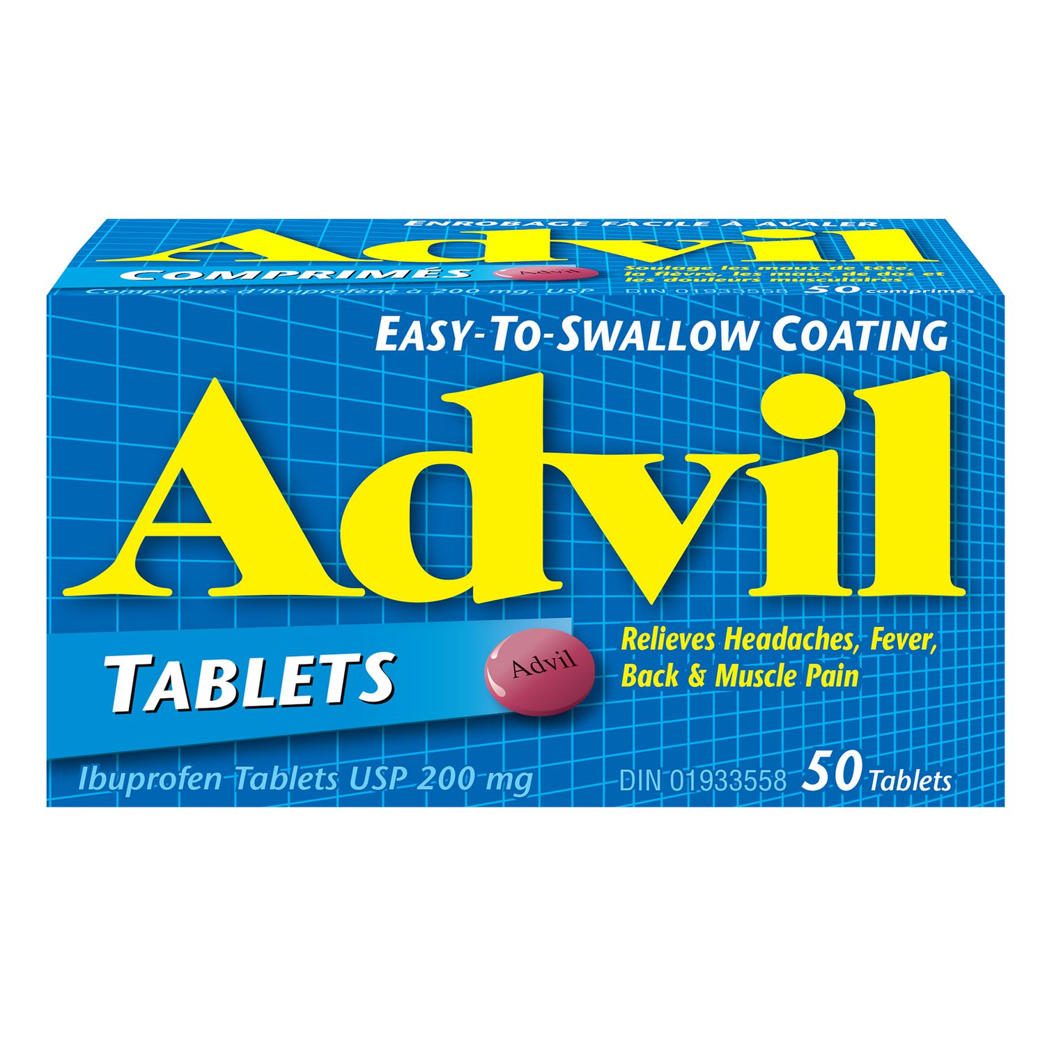 Comprimés Advil Régulier, pour soulager les maux de tête et la douleur, 200 mg d’ibuprofène, flacon de 50