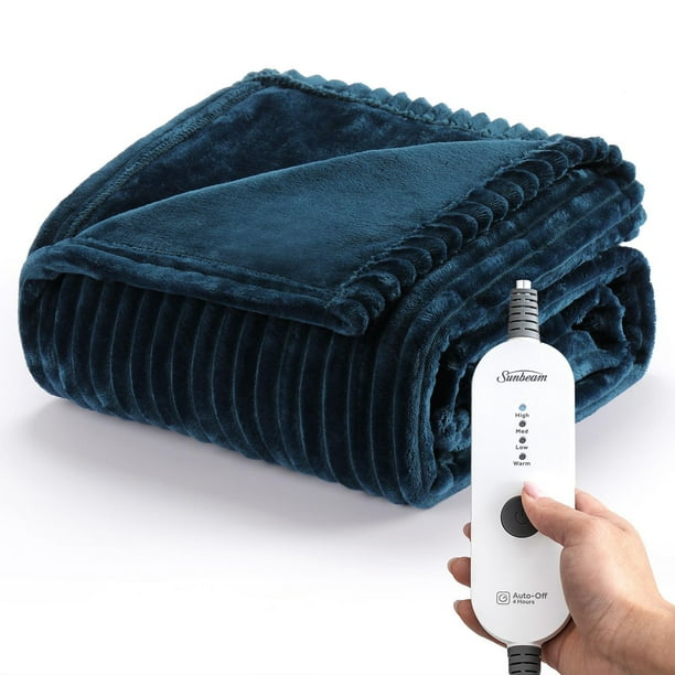 Sunbeam Textured Velvet Electric Heated Throw, Legion Blue, 4 Heat