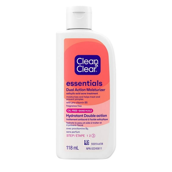 Hydratant sans huile Double action Clean & Clear Essentials, traitement anti-acné à base d’acide salicylique avec provitamine&nbsp;B5, hydrate tout en aidant à traiter l’acné et à prévenir les boutons 118 ml