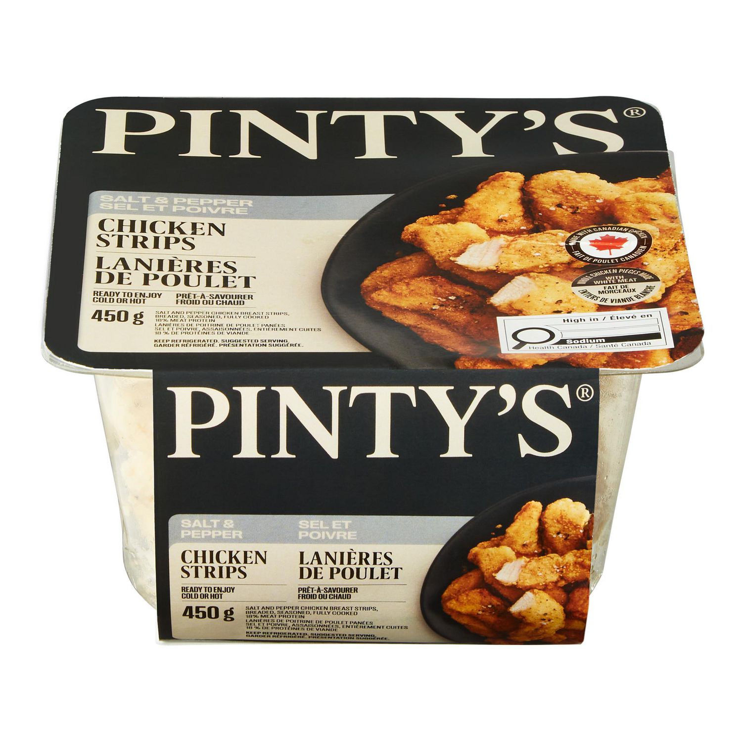 Pinty’s Salt & Pepper Chicken Strips ready to eat cold or hot, fully cooked breaded white meat chicken breast strips with light salt-and-pepper seasoning; halal, made with Canadian chicken, no artificial colours or flavours, excellent source of protein, suitable for topping salads, pizzas or meal-prep bowls.