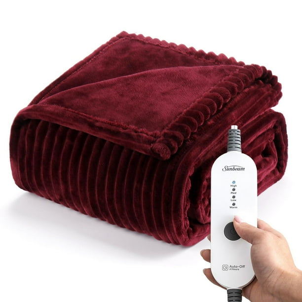 Sunbeam Textured Velvet Electric Heated Throw, Windsor Wine, 4 Heat