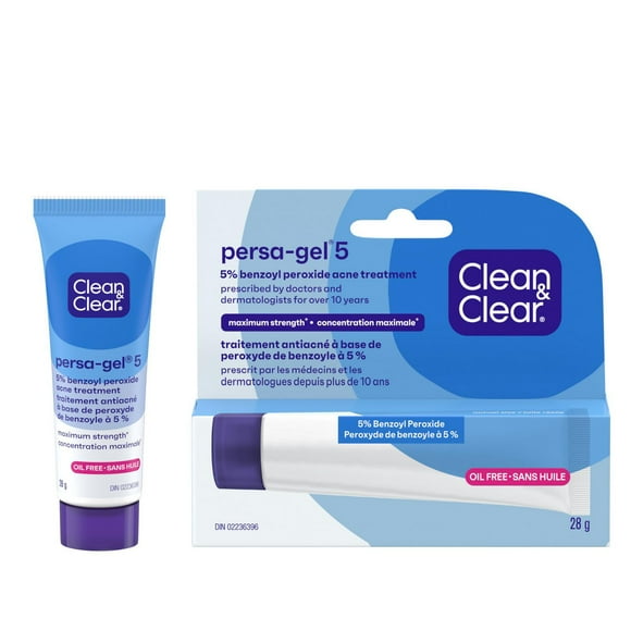Traitement ciblé anti-acné sans huile Clean & Clear Persa-Gel&nbsp;5 avec concentration maximale de peroxyde de benzoyle 5&nbsp;%, médicament topique contre les boutons et l’acné pour le visage, sans parfum 28 g