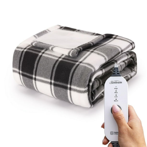 Sunbeam Fleece Electric Heated Throw, White Buffalo Plaid, 4 Heat