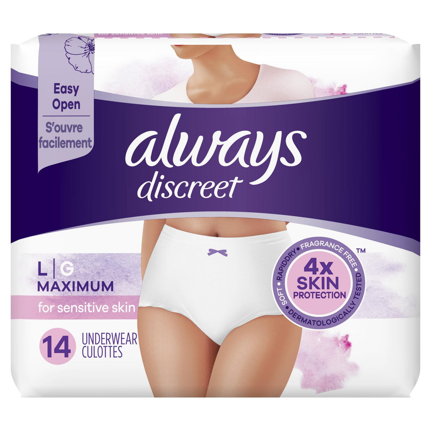Always Discreet for Sensitive Skin Underwear, Four Times Skin Protection, Dermatologically Tested, Fragrance-Free, Maximum Absorbency L