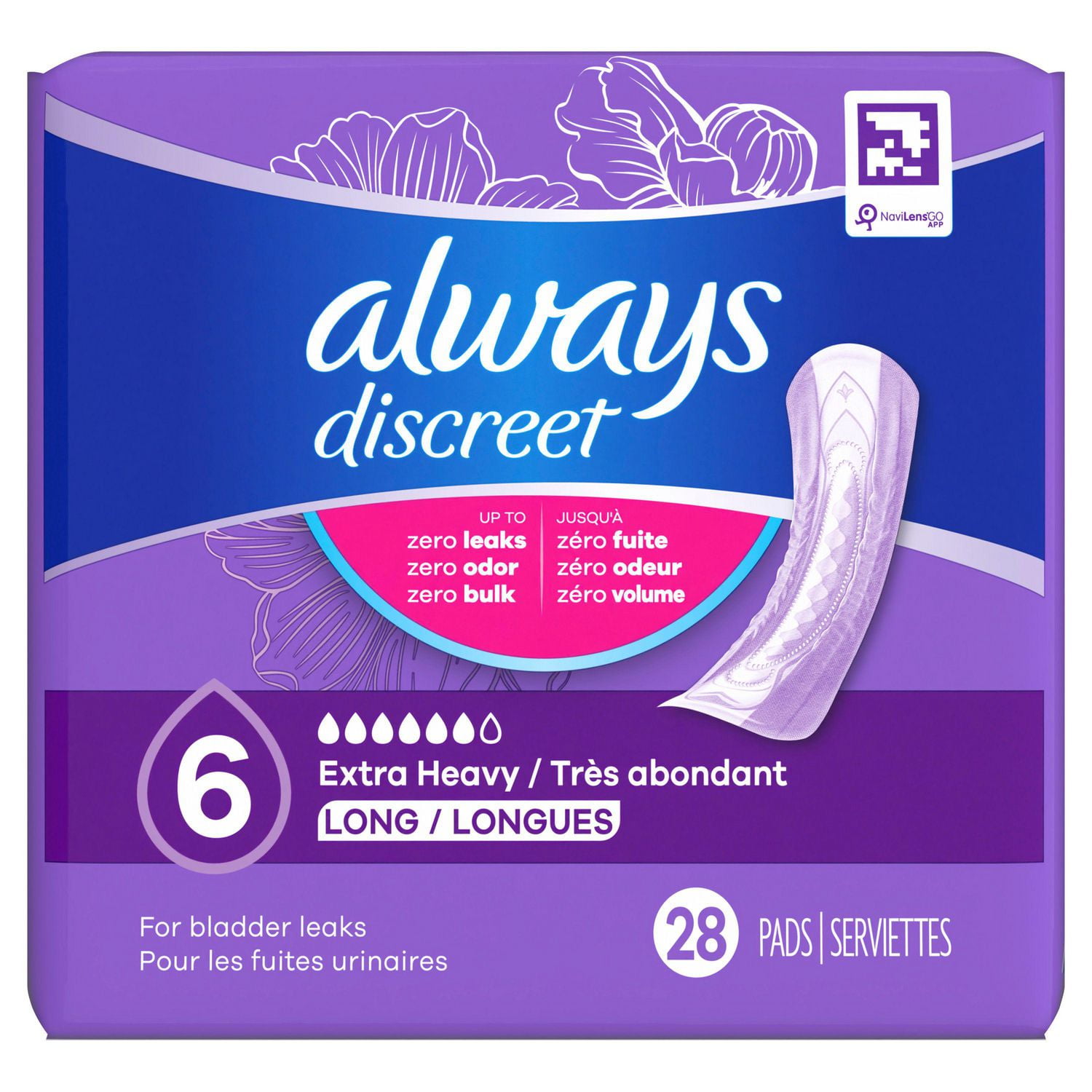 Always Discreet Adult Incontinence Pads for Women, Extra Heavy Absorbency, Long Length, Postpartum Pads, 28CT