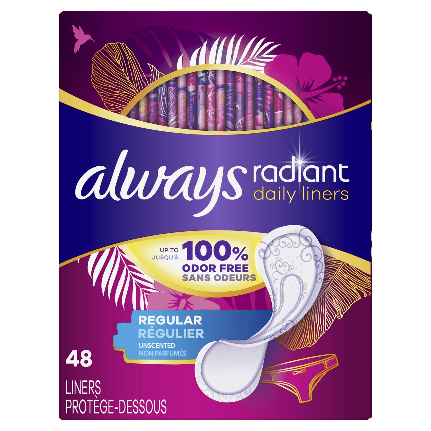 Always Radiant Pantiliners Regular Wrapped - Unscented, 48 Liners