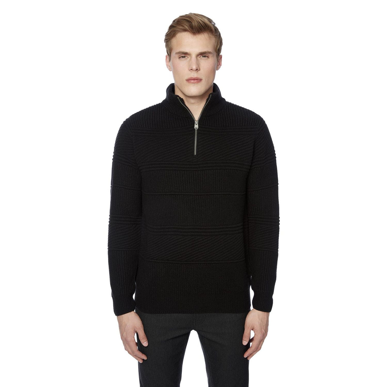 Dark Black Men's Long-Sleeve 1/4 Zip Mock Neck Sweater