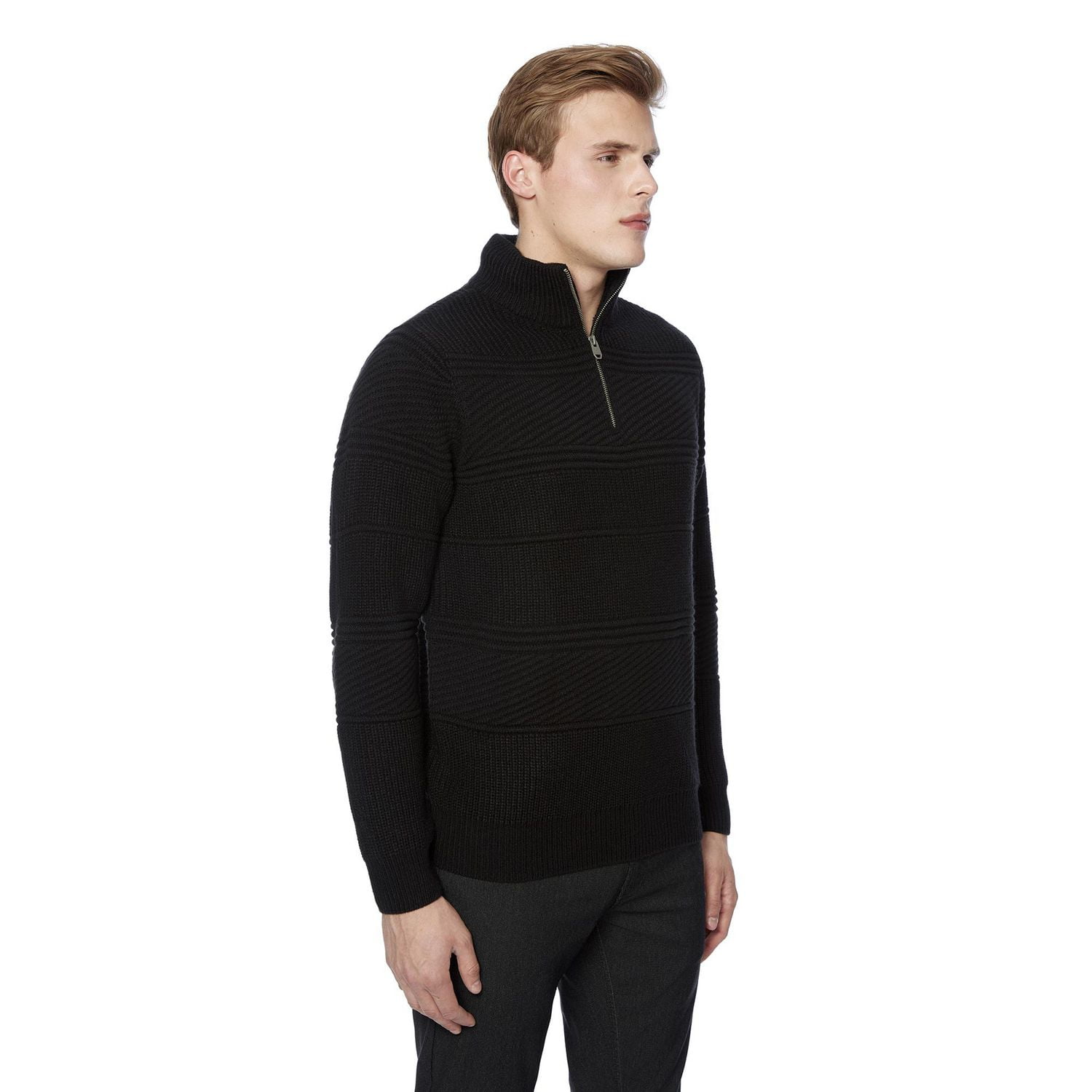 Dark Black Men's Long-Sleeve 1/4 Zip Mock Neck Sweater