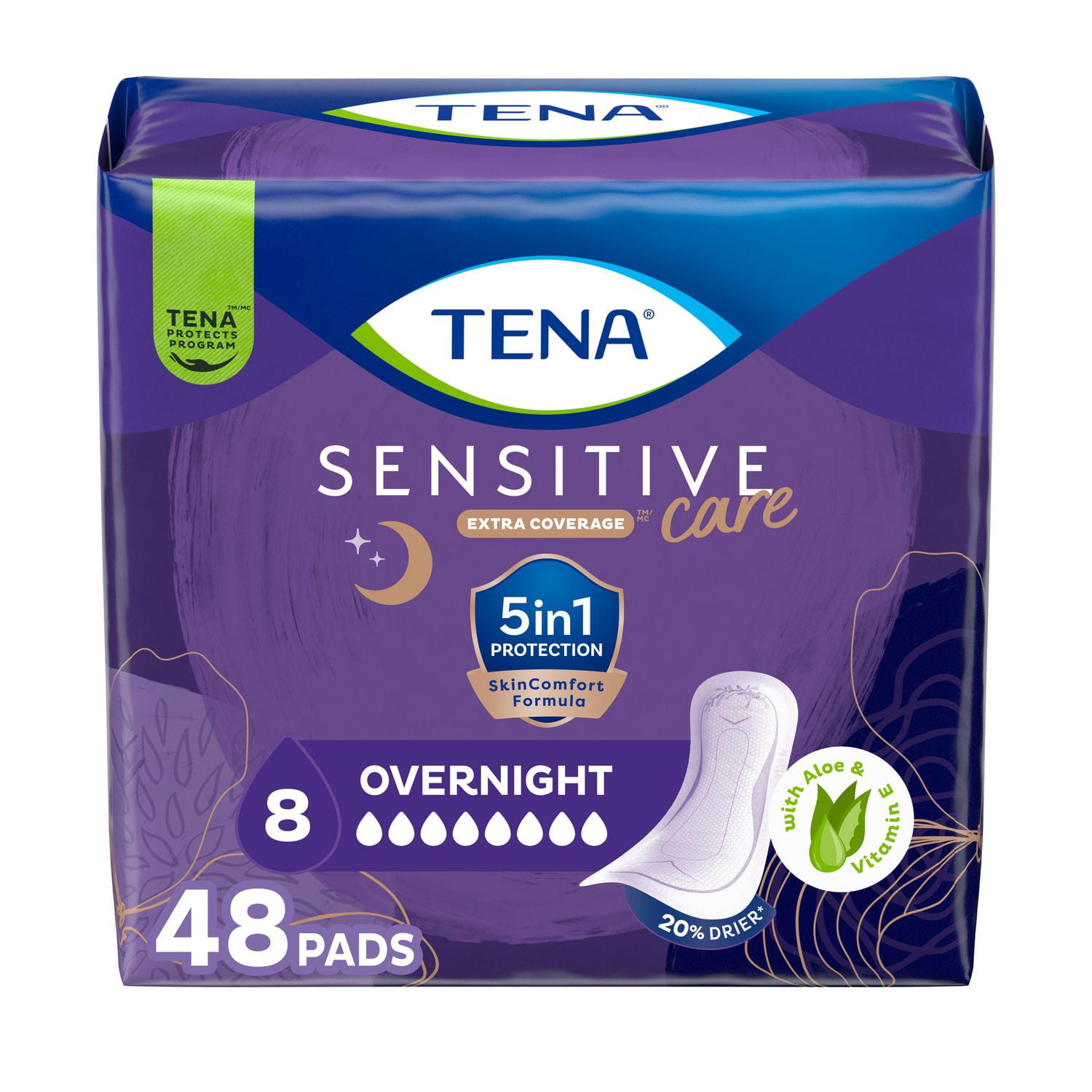 TENA Sensitive Care Overnight Incontinence Pads for Women, Postpartum and Bladder Control, 48 Count