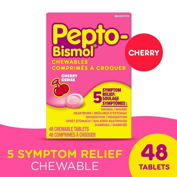 Pepto Bismol Chewable Tablets for Nausea, Heartburn, Indigestion, Upset Stomach, and Diarrhea Relief, Cherry Flavor