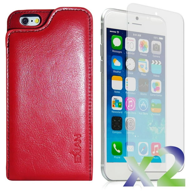 Étui portefeuille Exian en cuir véritable pour iPhone 6/6s en rouge