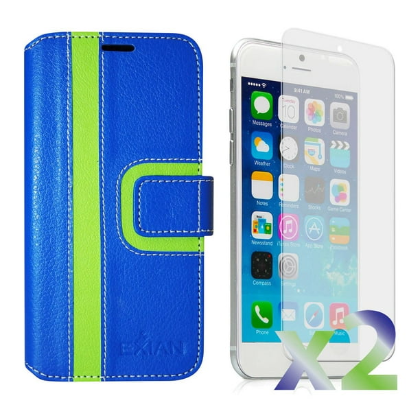 Étui portefeuille d'Exian pour iPhone 6 Plus - rayures bleues et vertes