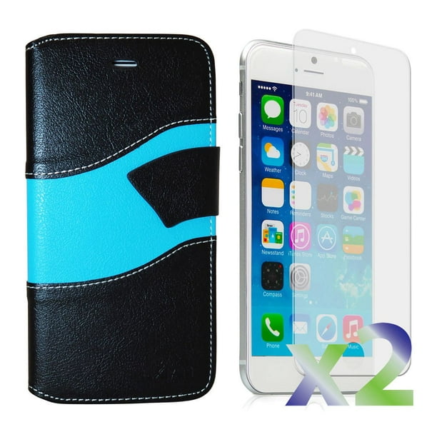 Étui portefeuille d'Exian pour iPhone 6 Plus - vagues noires et bleues