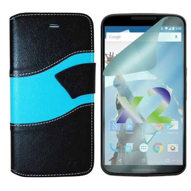 Étui portefeuille d'Exian pour Nexus 6 - vagues noires et bleues
