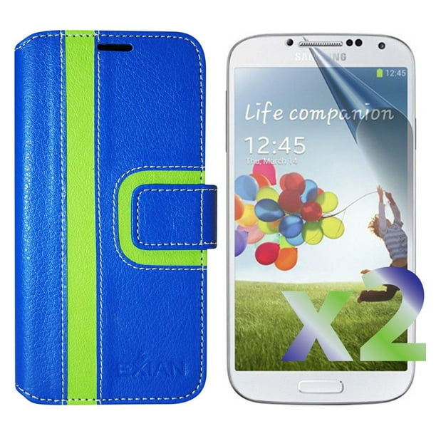 Étui portefeuille d'Exian pour Samsung Galaxy S4 - rayures bleues et vertes