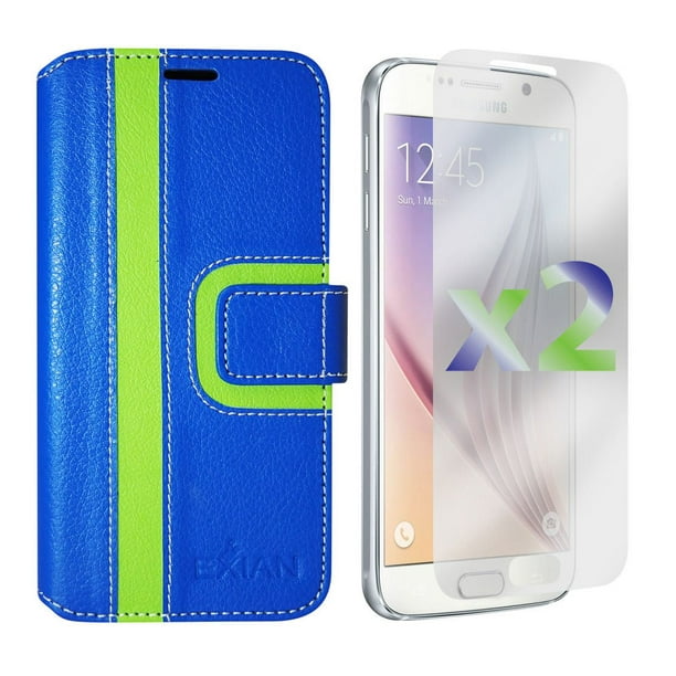 Étui portefeuille d'Exian pour Samsung Galaxy S6 - rayures bleues et vertes