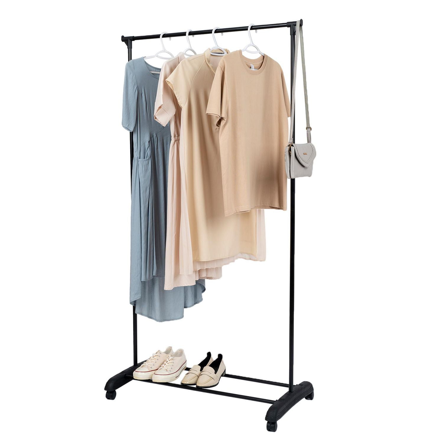 Mainstays Simple Single Rod Garment Rack Black Assembled size 35in.Wx17.5in.Dx68in.H Holds up to 20 lbs Wheel casters for portability Additional storage on bottom. Walmart