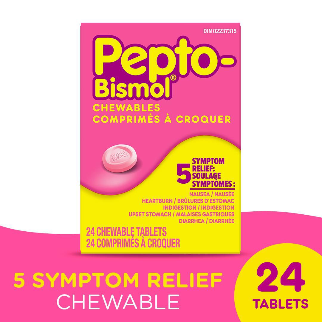 Pepto Bismol Chewables, 5 Symptom Stomach Relief, Regular Strength, Original Flavour, 24 Chewables