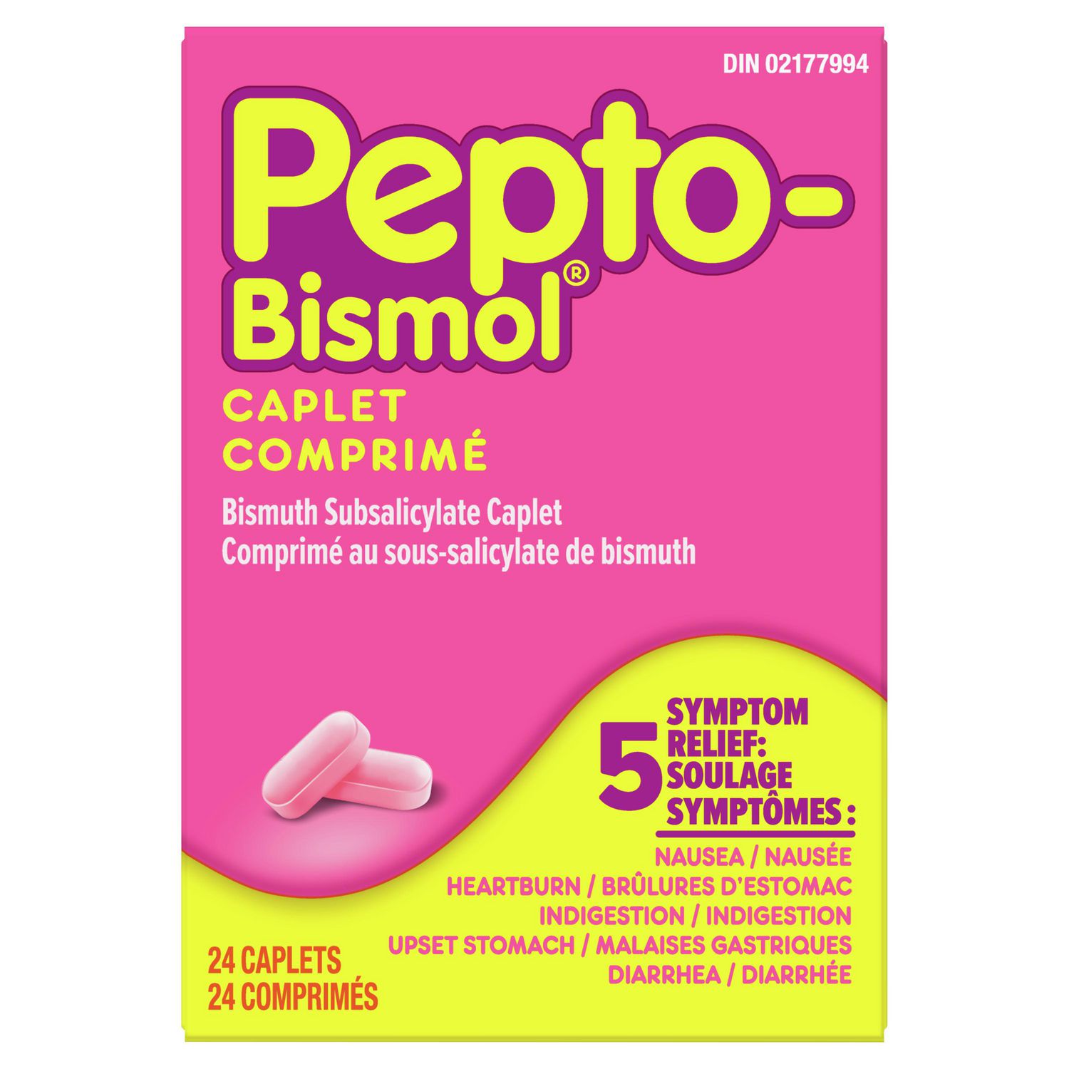 Pepto Bismol Caplets, 5 Symptom Stomach Relief, Regular Strength, 24 Caplets