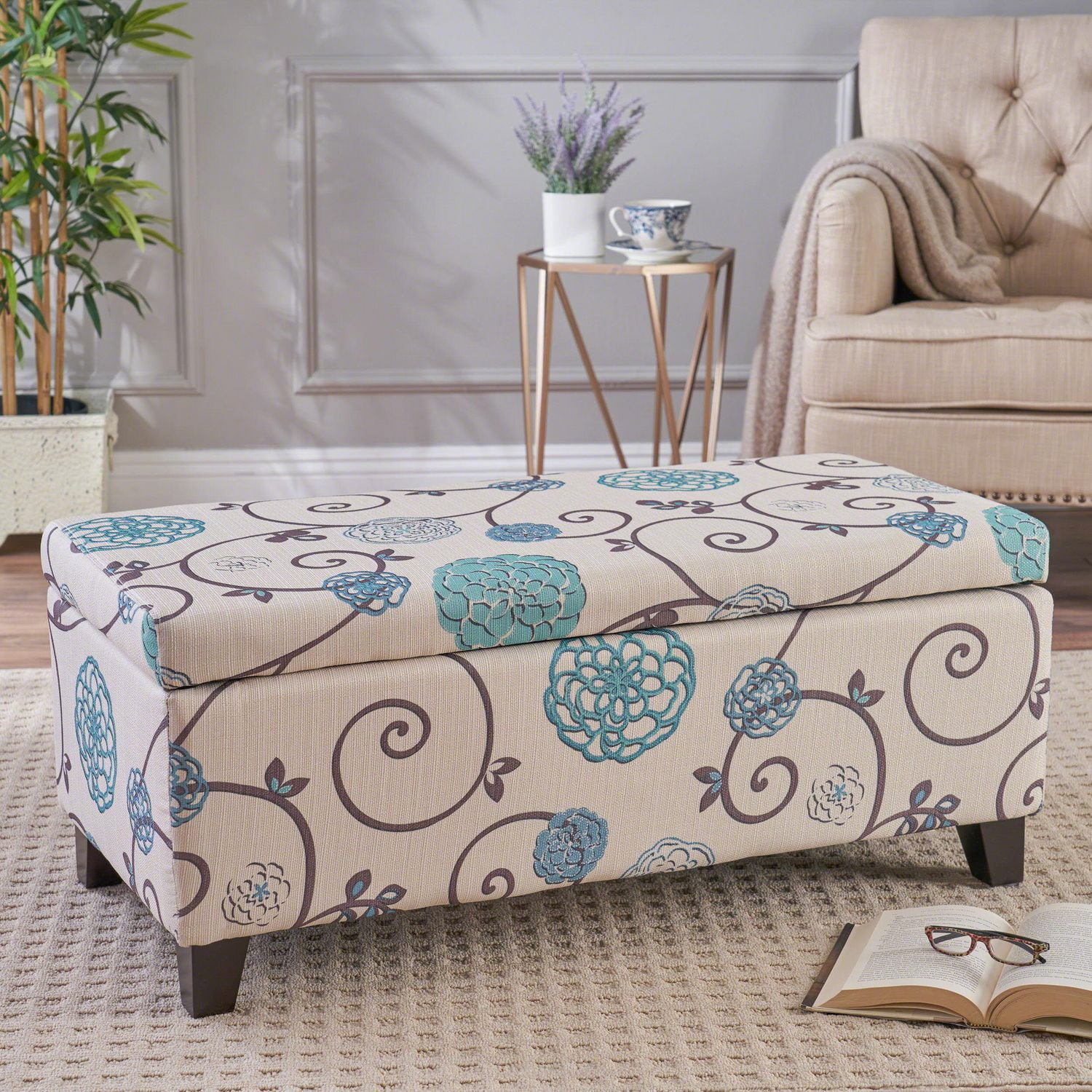 Breanna White and Blue Floral Fabric Storage Ottoman Walmart Canada