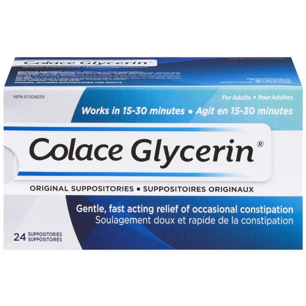 Colace Suppositoires de glycérine – Adulte  Soulagement doux et rapide de  la constipation occasionnelle 24 suppositoires 