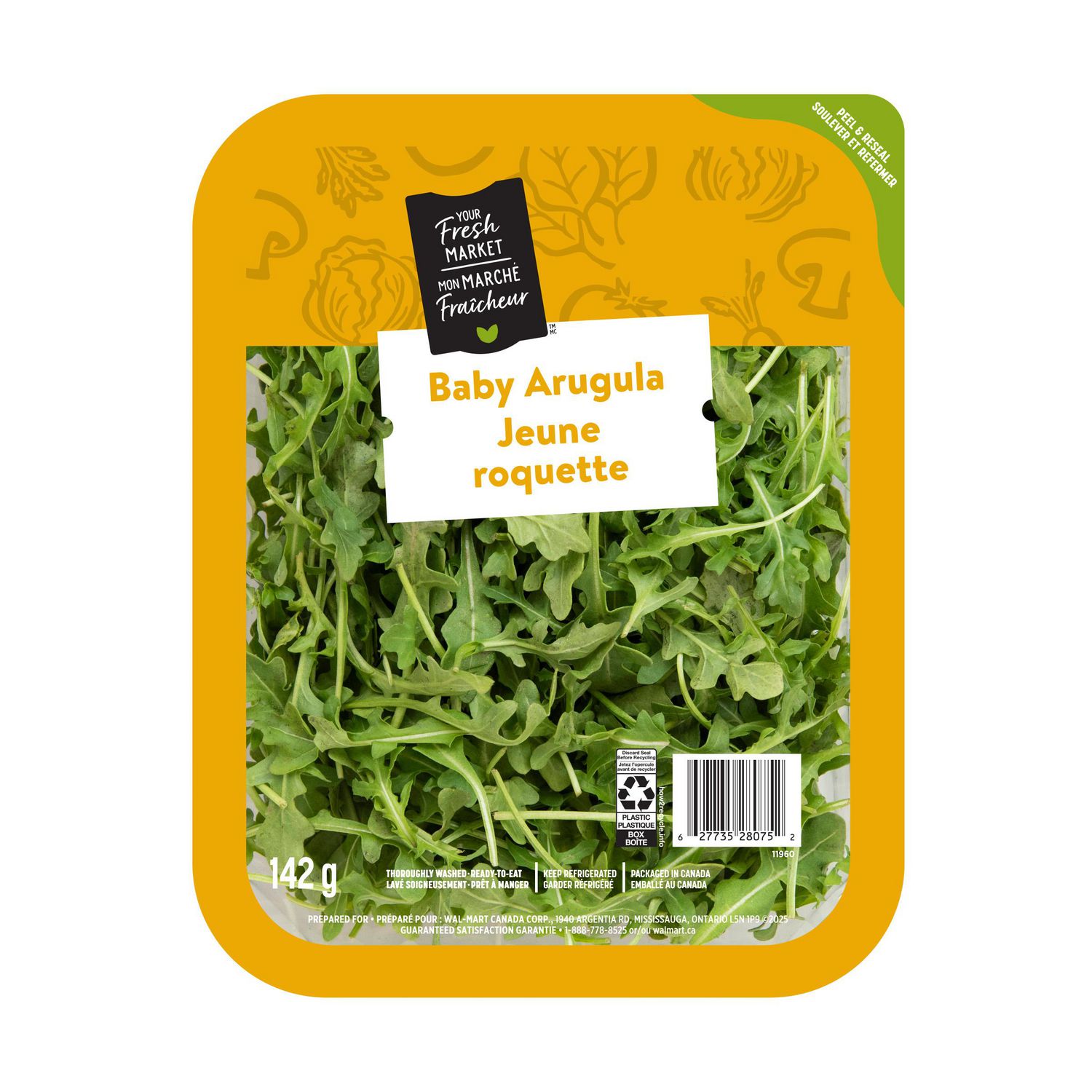 Baby Arugula, 142g packaged tender leafy greens in a clear clamshell, centered front view showing delicate small green arugula leaves and stems with visible 142 g label; ideal for salads, sandwiches and wraps, refrigerate promptly, also suitable for use as a fresh finishing green on cooked dishes.