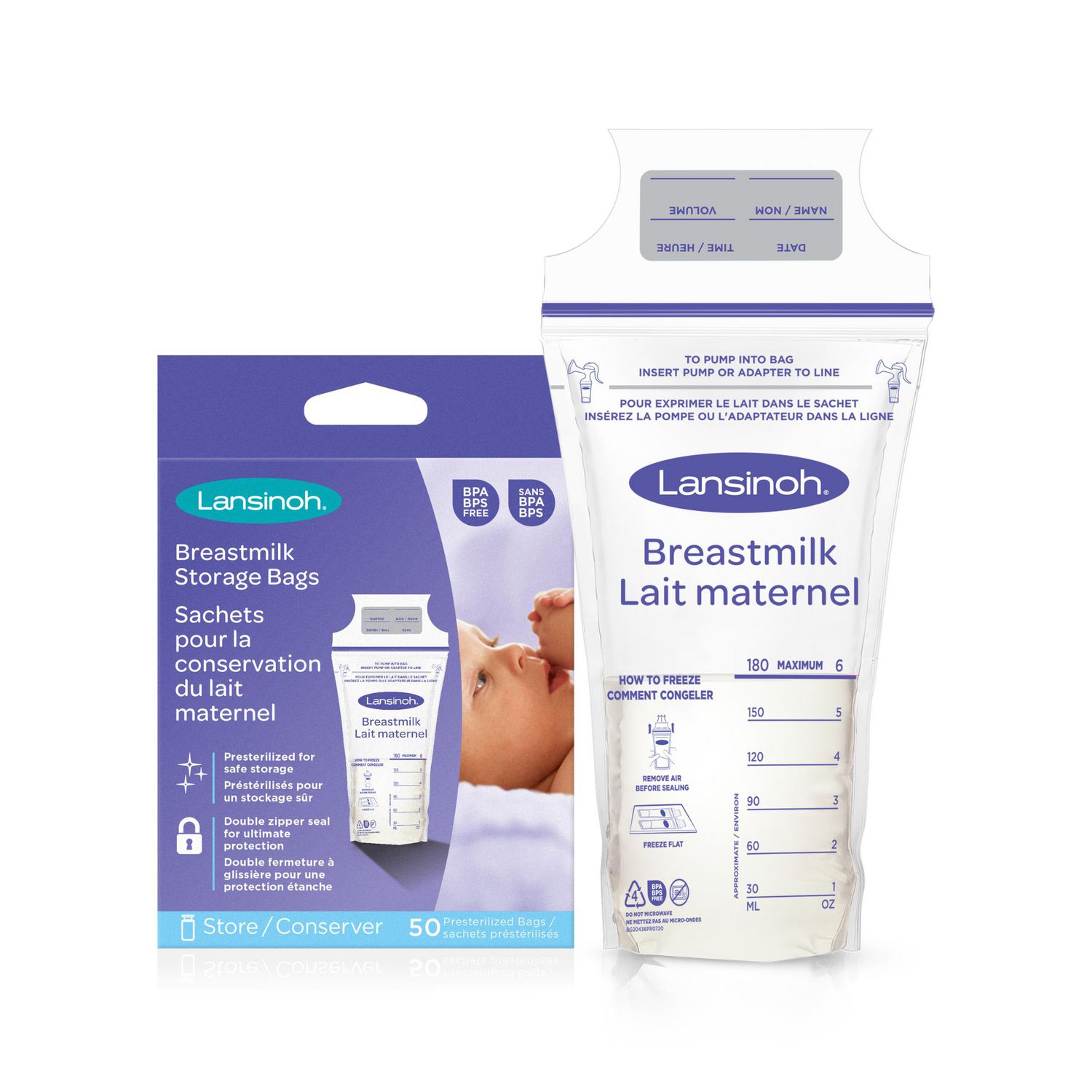Navaris Sac lait maternel - Lot 50x sachet de conservation 250 ml  pré-stérilisé sans BPA sans BPS pour lait maternel - Poche allaitement bébé