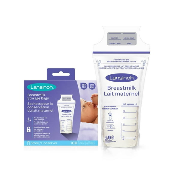Lansinoh Sacs de rangement pour lait maternel, 100 Count 6oz/180ml, Sacs préstérilisés
