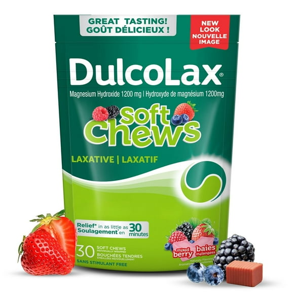 DulcoLax Soft Chews, Laxative for Gentle Occasional Constipation Relief For Adults and Kids Ages 12 and Over, Vegan, Stimulant-Free, Gluten-Free Laxatives, Mixed Berry, 30 Count