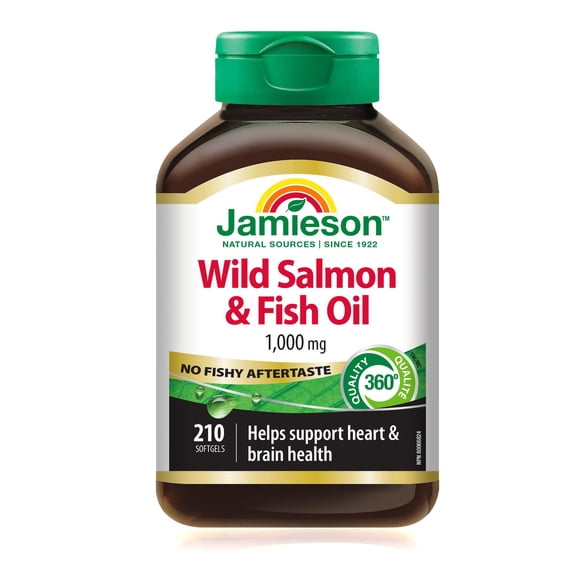 Jamieson No-Fishy-Aftertaste Wild Salmon & Fish Oil Softgels, 1000 mg Omega-3s, 210 Count