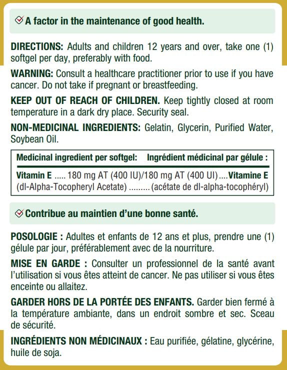 NATURE'S BOUNTY Vitamin E 400 IU, Antioxidant Supplement For The Maintenance Of Good Health, For Adults And Children 12+, Preservative Free, One Softgel Per Day, 100 count 100.0 count