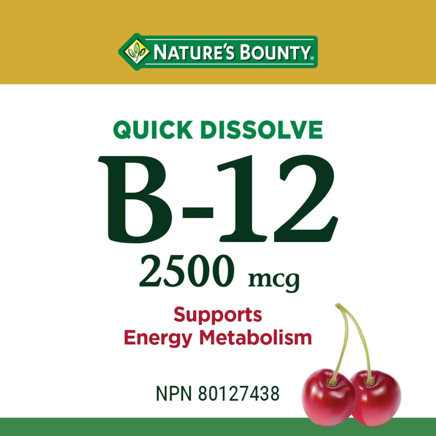 NATURE'S BOUNTY Vitamin B-12 Supplement, 2500 mcg, Quick Dissolve Tablets, Natural Cherry Flavour, Helps In Energy Metabolism, Essential In Normal Formation Of Blood Cells, 120 Tablets 120.0 count, 120 Microtablets