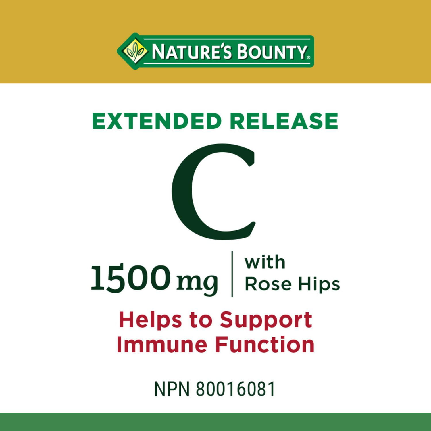 NATURE'S BOUNTY Vitamine C avec Cynorrhodon, 1 500 mg, libération prolongée, aide à maintenir la fonction immunitaire, comprimés enrobés 100 paquet 100 Tablettes