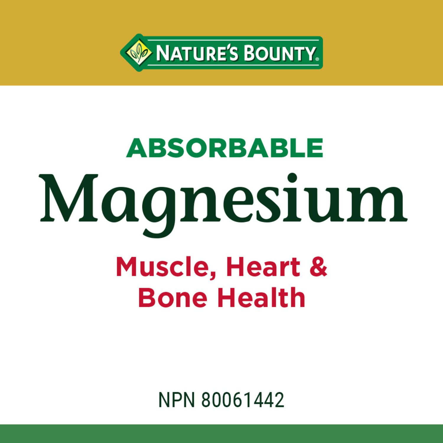 NATURE'S BOUNTY Magnésium, absorbable, 400 mg, aide au maintien de l’équilibre électrolytique, favorise le développement et le maintien des os, des dents et de la fonction musculaire, aide à la fonction musculaire du cœur, 125 gélules 125 paquet 125 Gélules