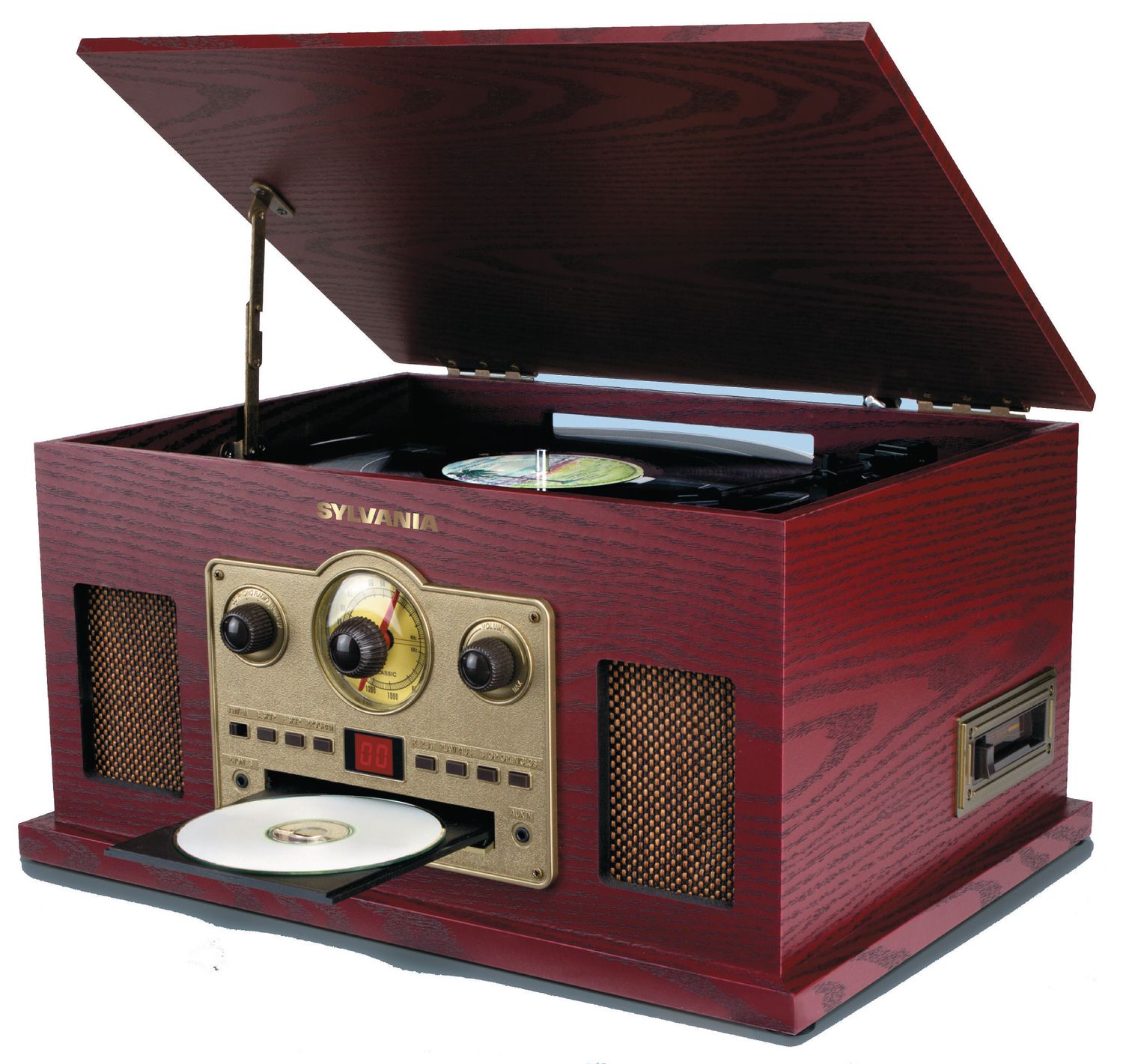 Sylvania 6-in-1 Nostalgic Bluetooth Turntable with CD, Cassette, AUX and  AM/FM Radio Wood