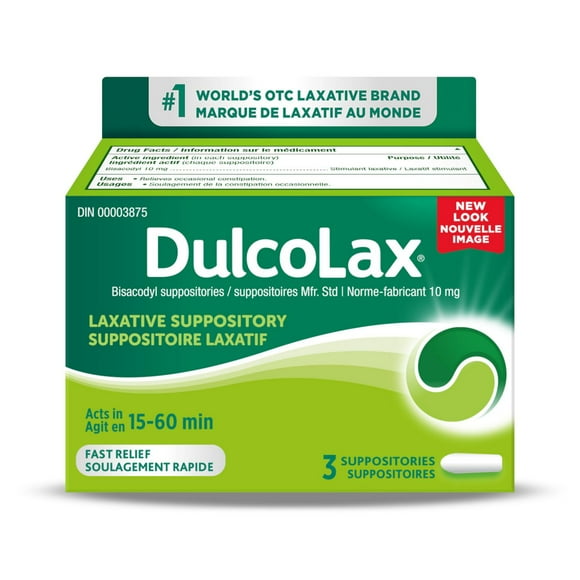 DulcoLax Bisacodyl Laxative Suppositories, 10mg Laxatives for Relief of Occasional Constipation Within 15-60 Minutes, Constipation Relief for Adults and Kids 12 and Over, Breastfeeding Women, 3 Count