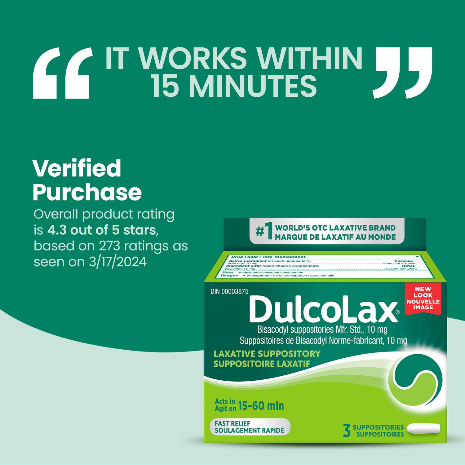 DulcoLax Suppositoires 10 mg bisacodyl, laxatif pour soulager la constipation occasionnelle en 15 à 60 minutes, soulagement de la constipation pour les adultes et les enfants de 12 ans et plus, femmes allaitantes, 3 unités 10 mg de Bisacodyl, 3 suppositoires