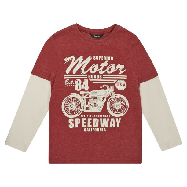 T-shirt rouge à imprimé « motor goods » et manches longues George British Design pour garçons
