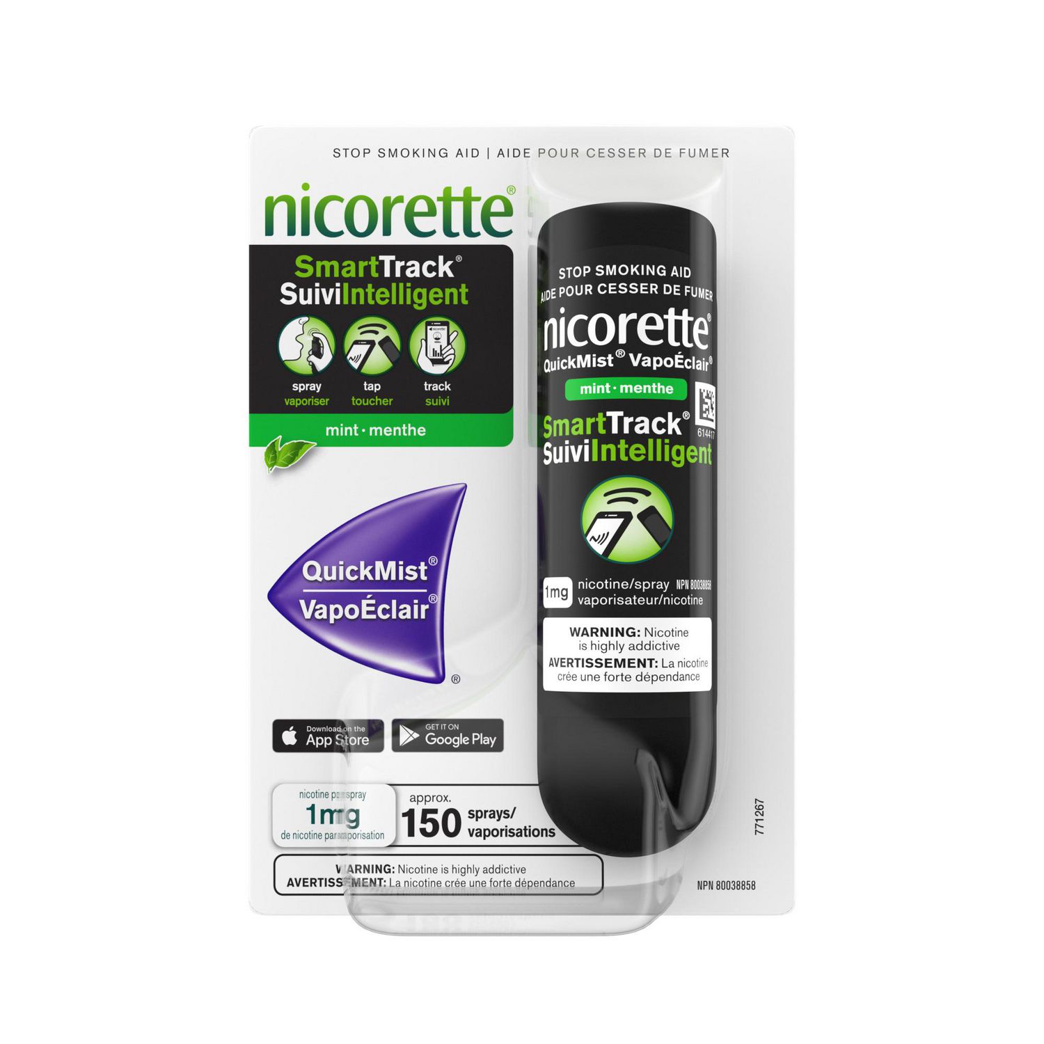 Nicorette QuickMist SmartTrack Mouth Spray - 1 mg Nicotine, Quit Smoking Cigarettes, Cessation Aid - Mint Flavour, 150 Sprays