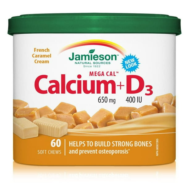 Jamieson Mega Cal Calcium 650 mg + D3 400 UI, bouchées tendres - Crème caramel française