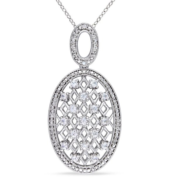Pendentif ovale Miabella avec 0.68 carat de saphir blanc synthétique et accent de diamants en argent sterling, 18"