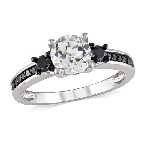 Bague de fiançailles Asteria avec 1.38 carat de saphir blanc synthétique et 0.33 carat de diamants noirs en argent sterling