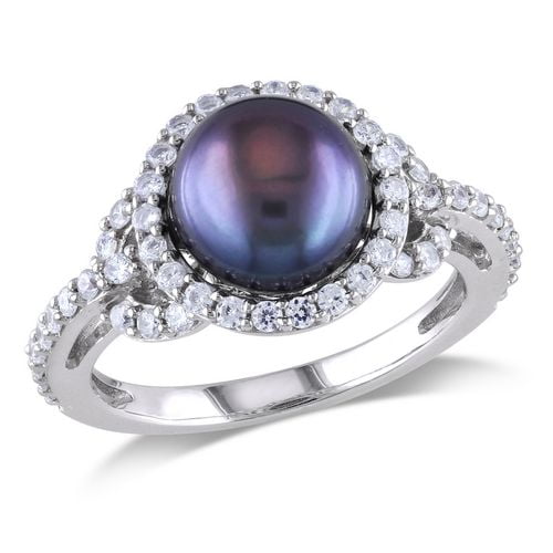 Bague mode  avec 8.5-9 mm de perles d'eau douce noires de culture et 1 carat de zircons cubiques en argent sterling