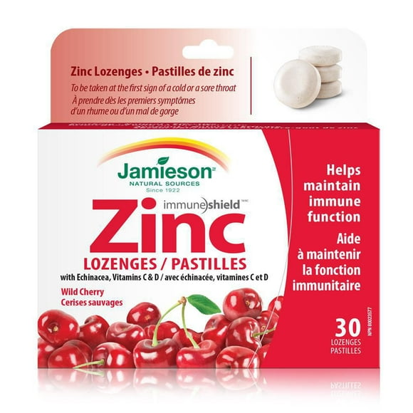 Jamieson Zinc Lozenges with Echinacea, Vitamin C and Vitamin D3 Wild Cherry Flavour, 30 lozenges