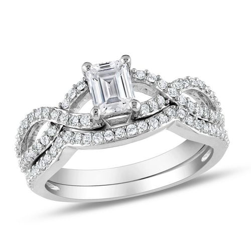 Ensemble de mariage Miadora style croisé avec 1 carat de diamants coupe émeraude et ronde en or blanc 14k