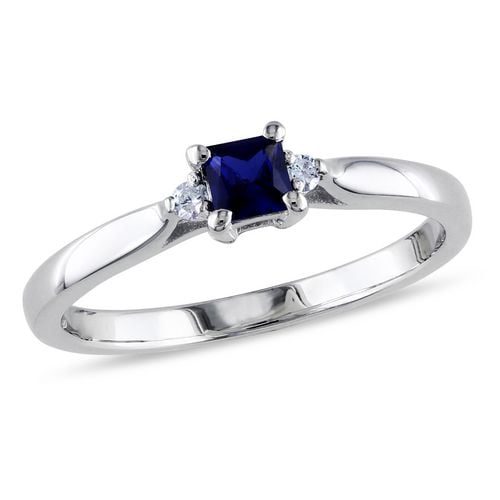 Tangelo 0.33 Carat T.G.W. Princess-Cut Created Blue Sapphire and Diamond Accent Sterling Silver Promise Ring