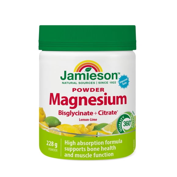 Jamieson Magnesium Bisglycinate Plus Citrate Powder, 300 mg, Lemon-Lime Flavour, 228 g