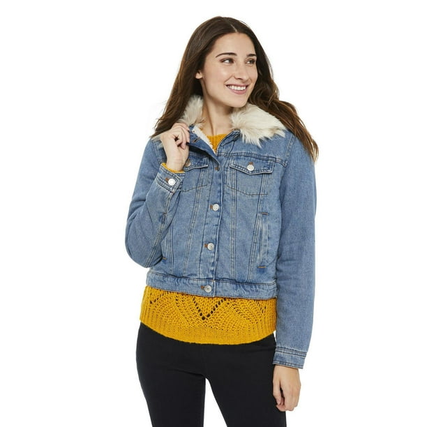 George Women's Sherpa-Lined Denim Jacket with Faux Fur Collar 